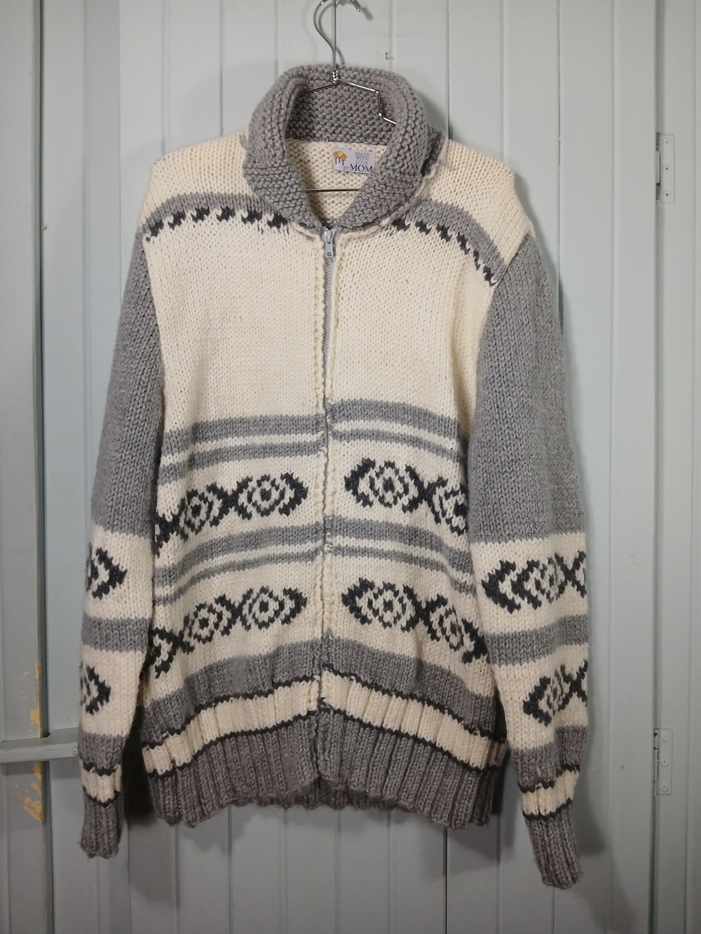 Handmade Gray & Cream Zip-Up Cowichan cardigan Sweater